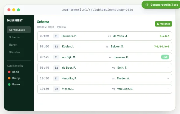 Het speelschema van tournamenti.nl met live scores en standen